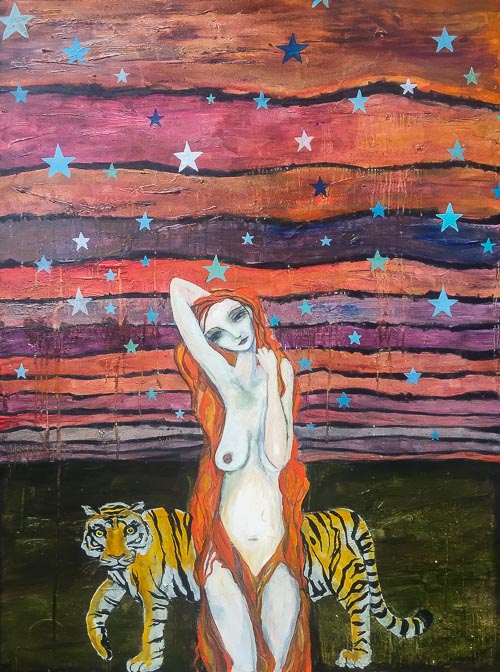Artwork featuring woman with tiger