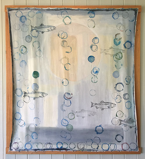 Artwork featuring abstract circles and fish